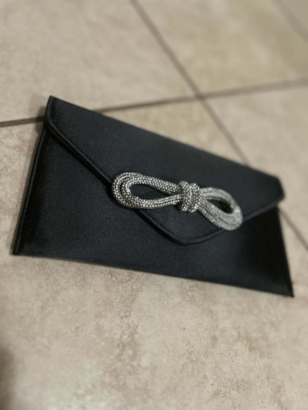 Fiorella Collection by QARA Black Satin Rhinestone Bow Envelope Clutch Bag